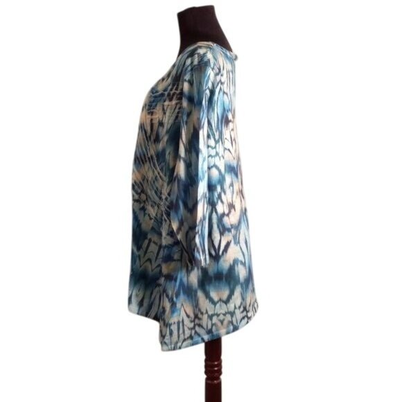 Chicos Size 3 XL Tunic Top Blue Ikat Pattern Long Sleeve Pleated Raw Edge Detail - Picture 4 of 9
